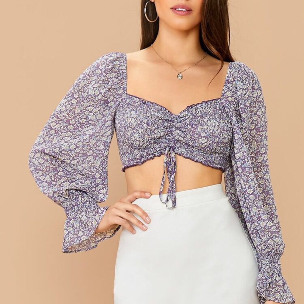 Shirred ditsy floral long sleeve crop top